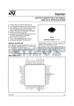 TDA7421 datasheet - AM/FM TUNER FOR CAR RADIO AND Hi-Fi APPLICATIONS