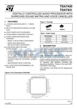 TDA7430TR datasheet - DIGITALLY CONTROLLED AUDIO PROCESSOR WITH SURROUND SOUND MATRIX AND VOICE CANCELLER