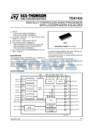 TDA7435 datasheet - DIGITALLY CONTROLLED AUDIO PROCESSOR WITH LOUDSPEAKERS EQUALIZER