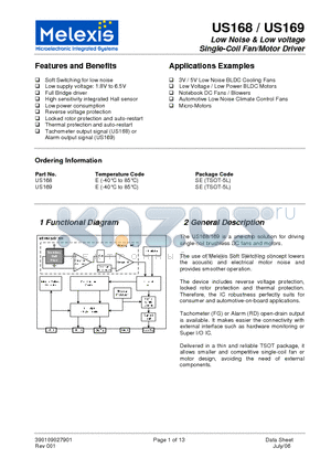 US168 datasheet - Low Noise & Low voltage Single-Coil Fan/Motor Driver