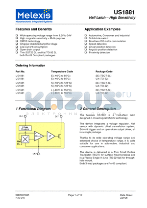 US1881LSE datasheet - Hall Latch - High Sensitivity