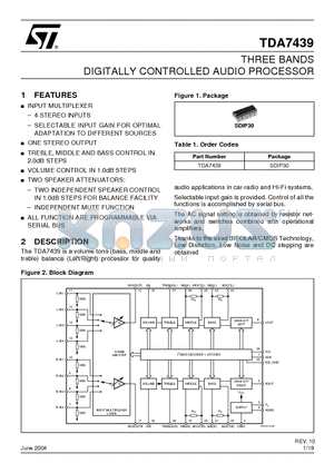 TDA7439 datasheet - THREE BANDS DIGITALLY CONTROLLED AUDIO PROCESSOR