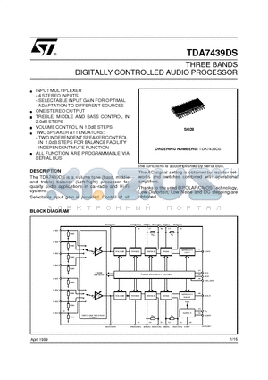 TDA7439DS datasheet - THREE BANDS DIGITALLY CONTROLLED AUDIO PROCESSOR