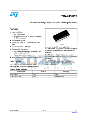 TDA7439DS datasheet - Three-band digitally-controlled audio processor