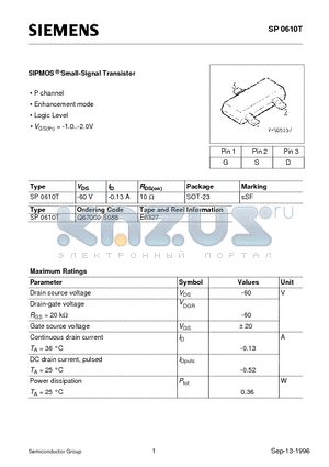 SP0610 datasheet - SIPMOS Small-Signal Transistor