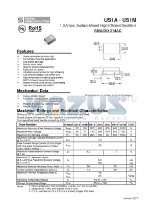 US1A datasheet - 1.0 Amps. Surface Mount High Efficient Rectifiers