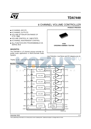 TDA7448 datasheet - 6 CHANNEL VOLUME CONTROLLER