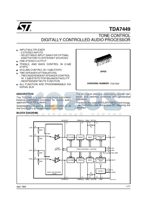 TDA7449 datasheet - TONE CONTROL DIGITALLY CONTROLLED AUDIO PROCESSOR
