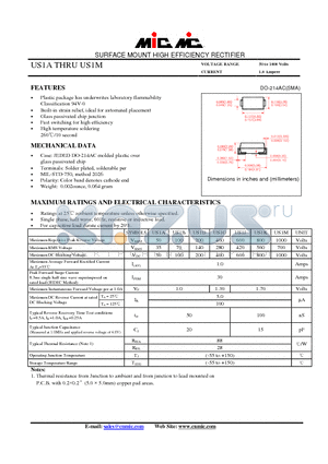 US1A datasheet - SURFACE MOUNT HIGH EFFICIENCY RECTIFIER