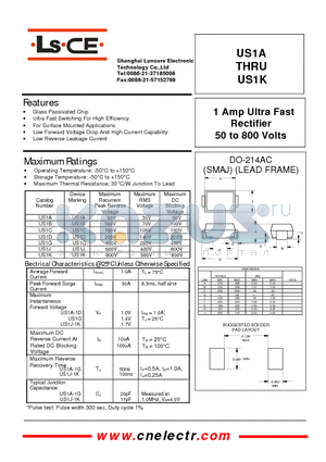 US1A datasheet - 1Amp ultra fast rectifier 50to800 volts