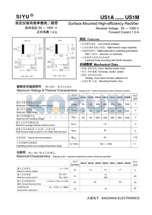 US1A datasheet - Surface Mounted High-efficiency Rectifier Reverse Voltage 50 --- 1000 V Forward Current 1.0 A