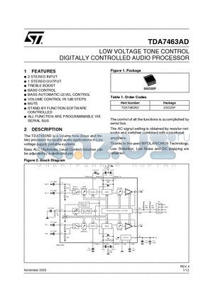 TDA7463AD datasheet - LOW VOLTAGE TONE CONTROL DIGITALLY CONTROLLED AUDIO PROCESSOR