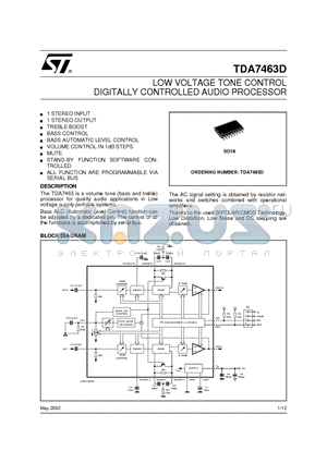 TDA7463D datasheet - LOW VOLTAGE TONE CONTROL DIGITALLY CONTROLLED AUDIO PROCESSOR