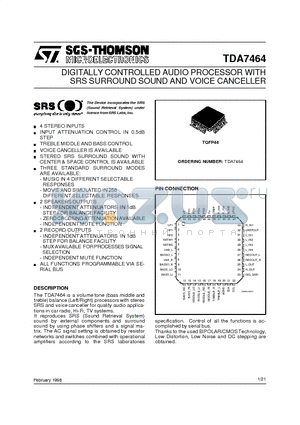 TDA7464 datasheet - DIGITALLY CONTROLLED AUDIO PROCESSOR WITH SRS SURROUND SOUND AND VOICE CANCELLER