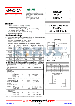 US1AE datasheet - 1 Amp Ultra Fast Rectifier 50 to 1000 Volts