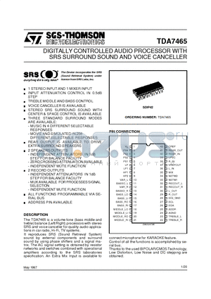 TDA7465 datasheet - DIGITALLY CONTROLLED AUDIO PROCESSOR WITH SRS SURROUND SOUND AND VOICE CANCELLER