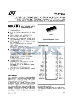 TDA7466 datasheet - DIGITALLY CONTROLLED AUDIO PROCESSOR WITH SRS SURROUND SOUND AND VOICE CANCELLER