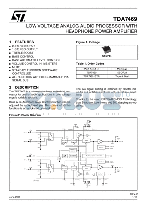 TDA7469 datasheet - LOW VOLTAGE ANALOG AUDIO PROCESSOR WITH HEADPHONE POWER AMPLIFIER