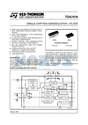 TDA7479 datasheet - SINGLE CHIP RDS DEMODULATOR  FILTER