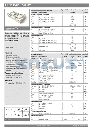 SK30DGDL066ET datasheet - 3-phase bridge rectifier  brake chopper  3-phase bridge inverter