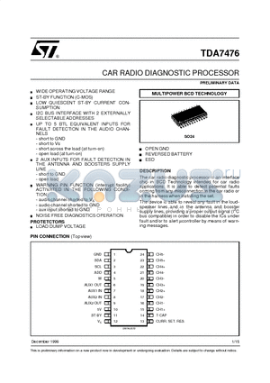 TDA7476 datasheet - CAR RADIO DIAGNOSTIC PROCESSOR