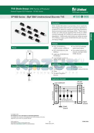SP1003 datasheet - SP1003 Series - 30pF 30kV Unidirectional Discrete TVS