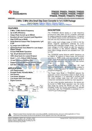 TPS62230 datasheet - 2 MHz / 3 MHz Ultra Small Step Down Converter in 1x1.5 SON Package