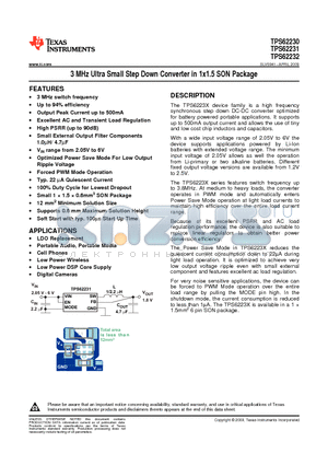 TPS62230DRYT datasheet - 3 MHz Ultra Small Step Down Converter in 1x1.5 SON Package