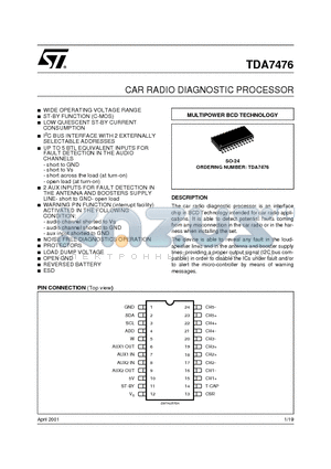 TDA7476_01 datasheet - CAR RADIO DIAGNOSTIC PROCESSOR