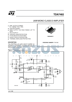 TDA7482 datasheet - 25W MONO CLASS-D AMPLIFIER