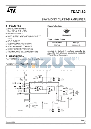 TDA7482 datasheet - 25W MONO CLASS-D AMPLIFIER