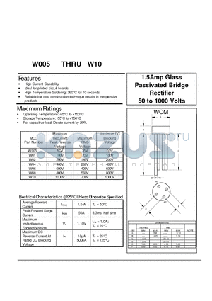 W005 datasheet - 1.5Amp Glass Passivated Bridge Rectifier 50 to 1000 Volts