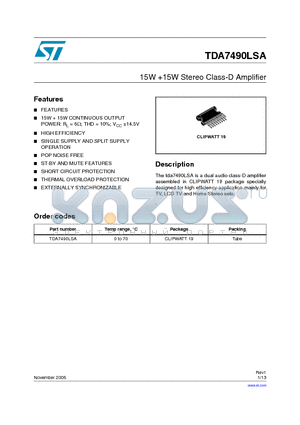 TDA7490LSA datasheet - 15W 15W Stereo Class-D Amplifier