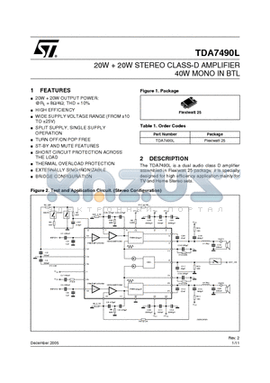 TDA7490L_05 datasheet - 20W  20W STEREO CLASS-D AMPLIFIER 40W MONO IN BTL