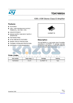 TDA7490SA datasheet - 10W 10W Stereo Class-D Amplifier
