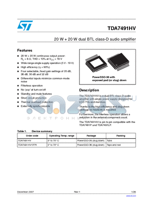 TDA7491HV datasheet - 20 W  20 W dual BTL class-D audio amplifier