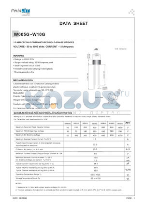 W005G datasheet - 1.5 AMPERE SILICON MINIATURE SINGLE- PHASE BRIDGES(VOLTAGE - 50 to 1000 Volts CURRENT - 1.5 Amperes)