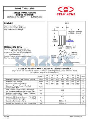 W005 datasheet - SINGLE PHASE SILICON BRIDGE RECTIFIER VOLTAGE:50 TO 1000V CURRENT: 1.5A