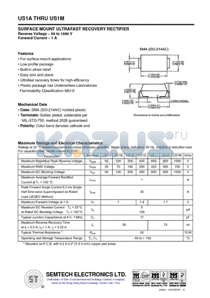 US1B datasheet - SURFACE MOUNT ULTRAFAST RECOVERY RECTIFIER