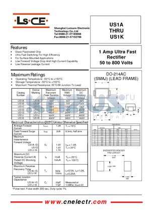 US1B datasheet - 1Amp ultra fast rectifier 50to800 volts