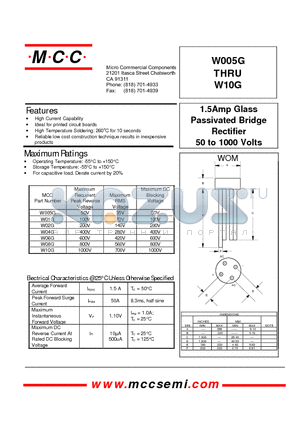 W005G datasheet - 1.5Amp Glass Passivated Bridge Rectifier 50 to 1000 Volts