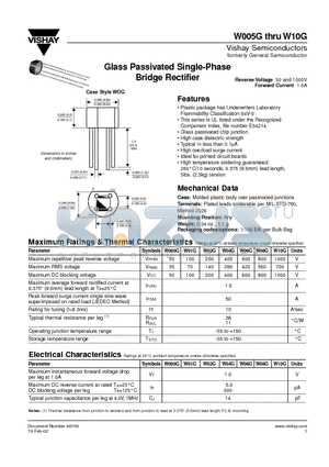 W005G datasheet - Glass Passivated Single-Phase Bridge Rectifier