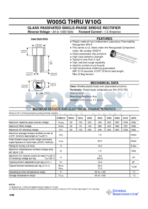 W005G datasheet - GLASS PASSIVATED SINGLE-PHASE BRIDGE RECTIFIER