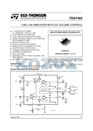 TDA7495 datasheet - 11W11W AMPLIFIER WITH DC VOLUME CONTROL
