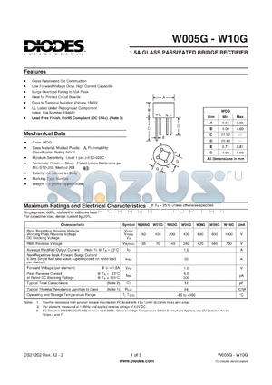 W005G datasheet - 1.5A GLASS PASSIVATED BRIDGE RECTIFIER