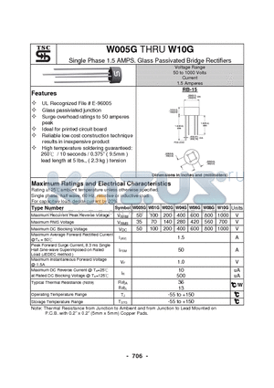 W005G datasheet - Single Phase 1.5 AMPS. Glass Passivated Bridge Rectifiers