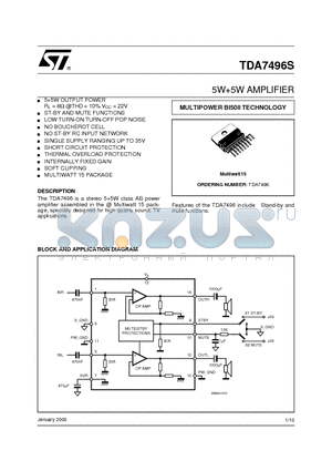 TDA7496S datasheet - 5W5W AMPLIFIER