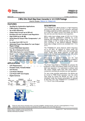 TPS622314-Q1 datasheet - 3 MHz Ultra Small Step Down Converter in 1x1.5 SON Package