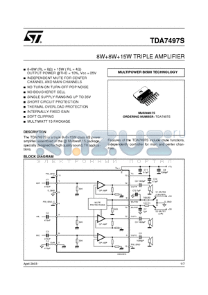 TDA7497S datasheet - 8W8W15W TRIPLE AMPLIFIER
