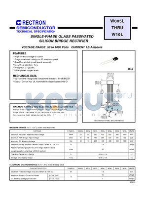 W005L datasheet - SINGLE-PHASE GLASS PASSIVATED SILICON BRIDGE RECTIFIER (VOLTAGE RANGE 50 to 1000 Volts CURRENT 1.5 Amperes)